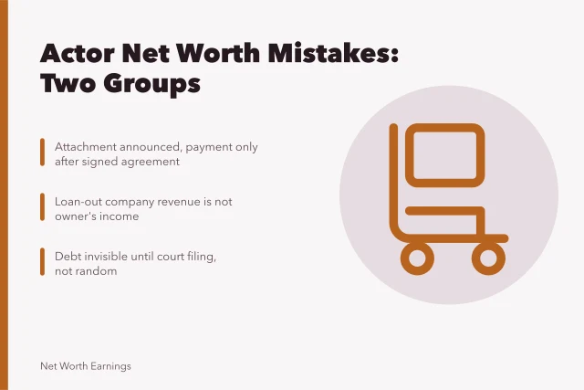 Card summarizing actor net worth mistakes: attachment, loan-out companies, hidden debt. Which mistakes distort an actor net worth figure
