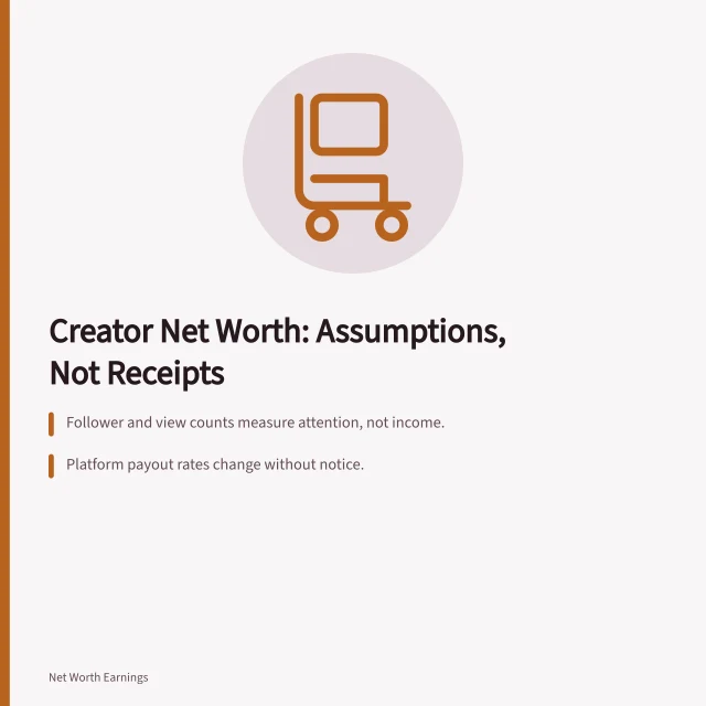 Card explaining creator net worth estimates rely on assumptions, not verified income. What a creator net worth estimate assumes