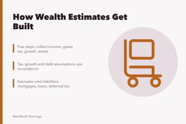 Card explaining the five-step pipeline behind published wealth estimates. Field guide to estimate methodology: the five-step pipeline