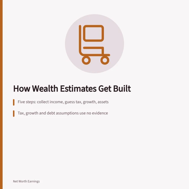 Card explaining the five-step pipeline behind published wealth estimates. Field guide to estimate methodology: the five-step pipeline