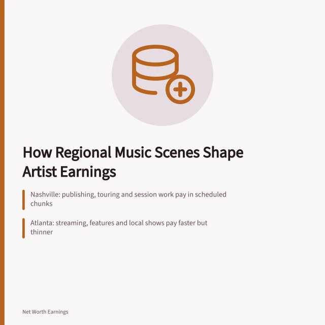 Comparison of Nashville country and Atlanta hip-hop artist income streams. From Nashville to Atlanta, regional music scenes shape artist earnings